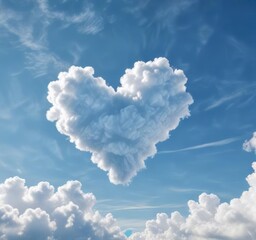 Heart shaped fluffy clouds against a clear blue sky, serene, dreamy, romantic, heart, love
