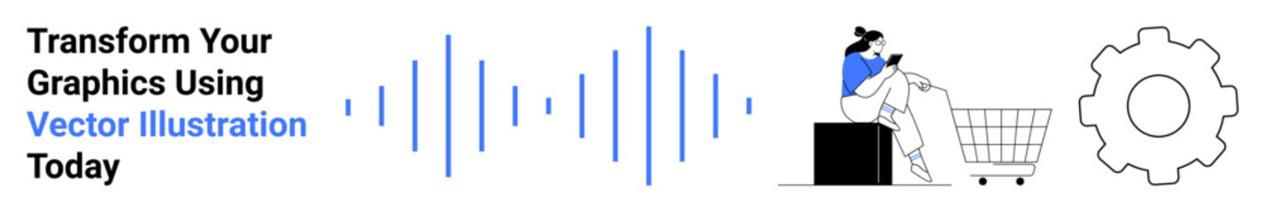 Woman using a smartphone near a cart, audio sound wave bars, gear symbol. Ideal for tech, e-commerce, sound design, innovation, shopping communication creativity. Versatile flat landing page banner