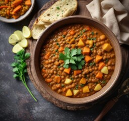 Hearty bowl of spicy Indian dal lentil curry with carrot and potato, lentil curry, nourishing food
