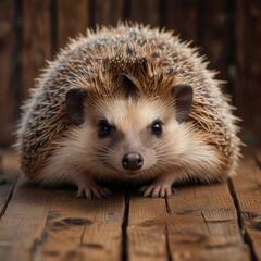 Fototapeta premium Hedgehog snuggled into its fur on a rustic wooden surface, cozy scene, spiky animal