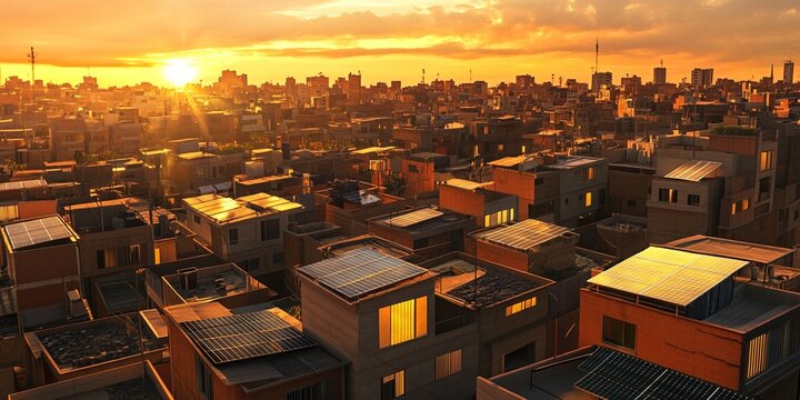 Breathtaking Wide-Angle Shot of Urban Rooftop Solar Panels at Sunset: Eco-Friendly Cityscape with Golden Glow and Pastel Sky
