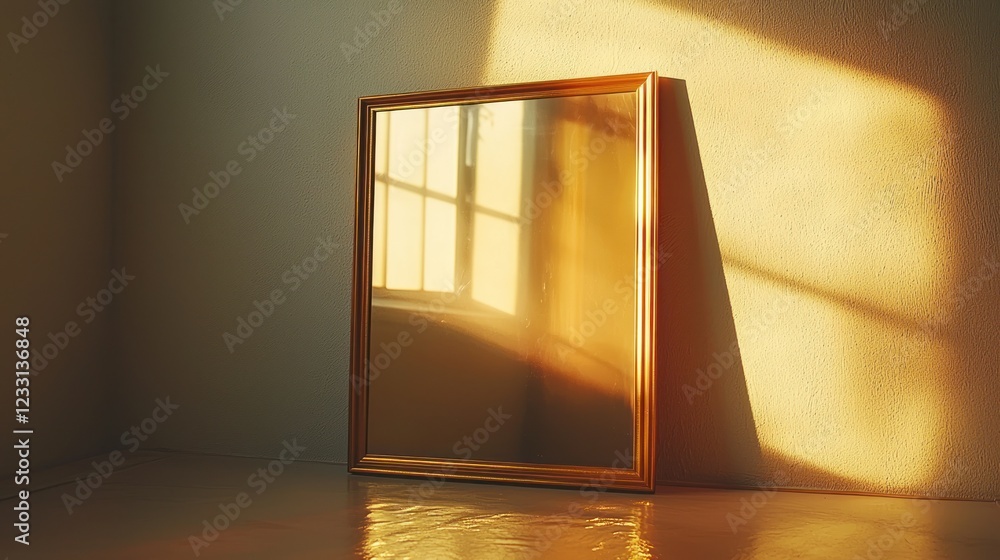 Poster mirror reflecting sunlight in room corner with window reflection