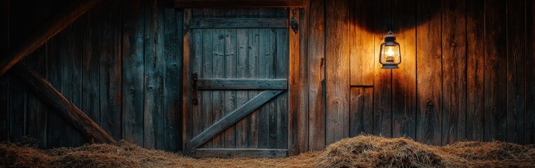 A rustic barn interior lit by a glowing lantern, showcasing wood textures and nostalgic warmth. Ideal for rural or storytelling themes.