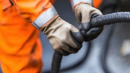 Worker handling industrial hose with protective gear in construction setting