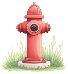Fototapeta premium Watercolor illustration of a red fire hydrant standing on grass isolated on transparent background.