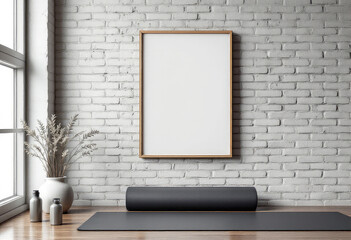 A white yoga mat lies on a wooden floor, accompanied by a black yoga mat, a white vase with dried plants, and a silver bottle. A4 Frame Mockup