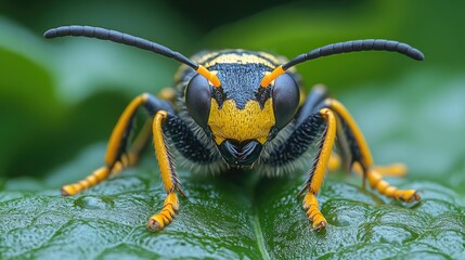 Extreme close up of a yellow and black wasp on a green leaf with water droplets