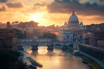 Fototapeta premium Sunset over the Tiber River with St. Peter's Basilica in the background in Rome