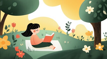 Child reading a book outdoors in a colorful cartoon-style garden illustration