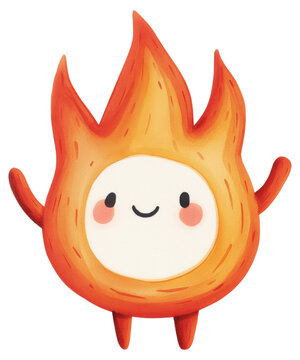 Watercolor illustration of a friendly cartoon character represented as a flame with a cheerful face isolated on transparent background.