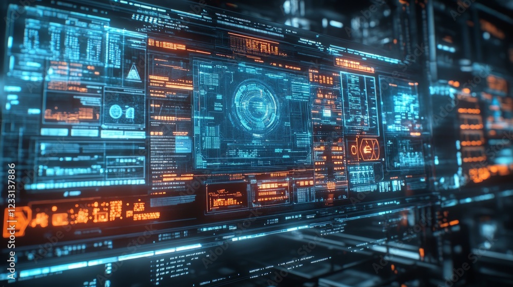 Wall mural futuristic digital interface with neon highlights and data streams
