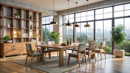 Modern dining area with large windows and wooden furniture, restaurants, ambiance, restaurants