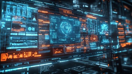Obraz premium Futuristic Digital Interface with Neon Highlights and Data Streams