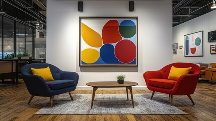 Modern office lounge with colorful abstract art and seating area