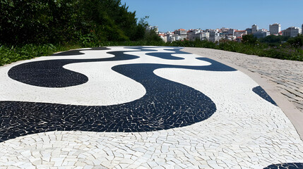 Obraz premium Black and white mosaic walkway, city view