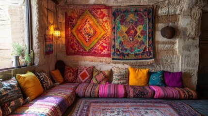 Cozy and Colorful Living Room with Traditional Textile Decor