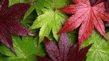 Close-up of Japanese maple leaves transitioning from green to fiery red, vibrant details capturing the essence of autumn's beauty