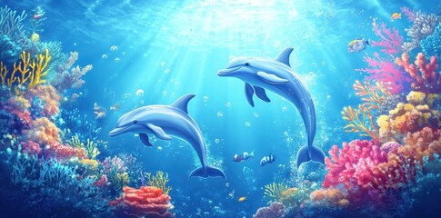 Fototapeta premium Two Dolphins Swimming Amongst Vibrant Coral Reefs