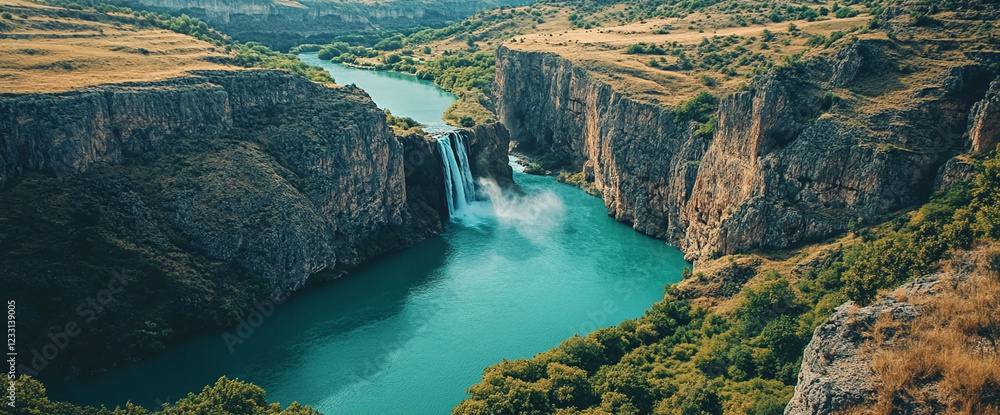 Poster an aerial view of a beautiful waterfall cascading into a turquoise river surrounded by lush greenery