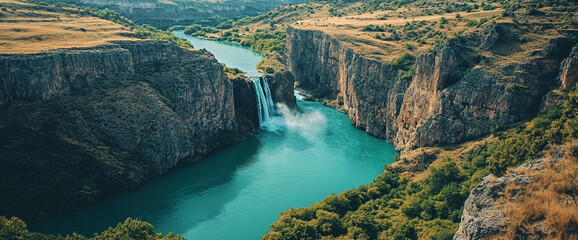 Fototapeta premium An aerial view of a beautiful waterfall cascading into a turquoise river surrounded by lush greenery and rugged cliffs, representing the power and beauty of nature in an untouched landscape.