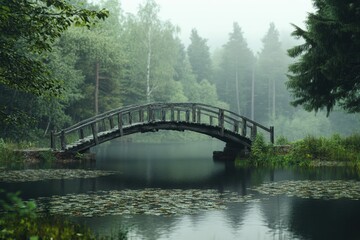 Serene wooden bridge over still waters in a misty forest landscape during early morning