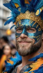 Mardi gras celebration - joyful dancers in elaborate costumes, masks, of international carnivals from spain to brazil, showcasing dynamic energy, vibrant atmosphere of global street festivities.