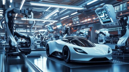 Fototapeta premium Futuristic Electric Car in High-Tech Robotic Assembly Line