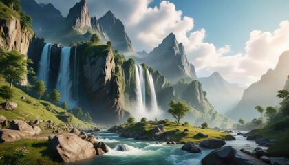 Majestic mountain peaks with sparkling waterfalls and lush green valleys, , lush green valleys