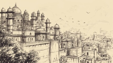 Indian city landscape, Sketch illustration.