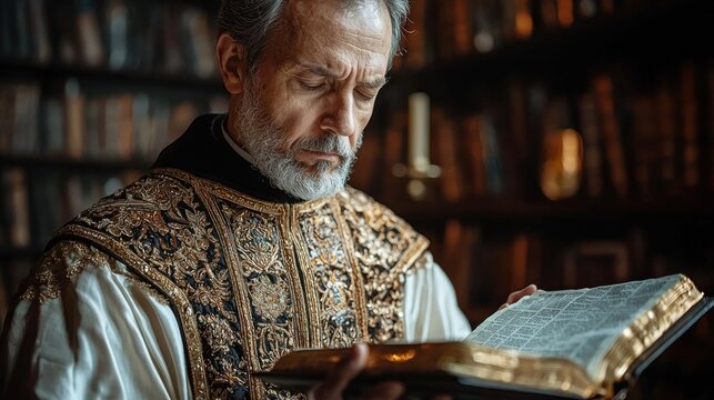 Aged priest deeply engrossed in reading ancient religious text in a grand library.