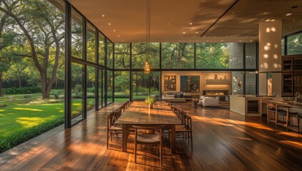 Fototapeta premium Luxurious Modern Home with Expansive Glass Walls Overlooking Lush Greenery