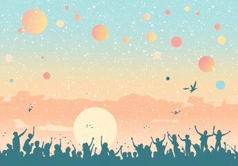 A mixed-race assembly. A community of workers taking part in a parade or protest. Rendered in a flat design. Modern illustration. Unidentifiable figures. Generated using AI.