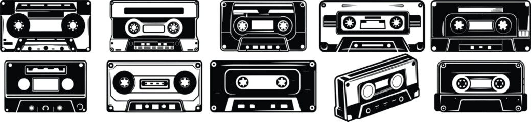 Cassette silhouettes set, retro pack of vector silhouette design, isolated background