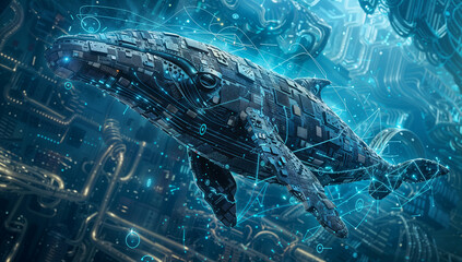 Cybernetic humpback whale created from technological components and microchips, swimming through a virtual sea of data streams and network connections.