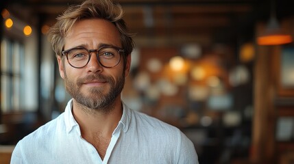 Obraz premium Portrait of a man with a beard and glasses wearing a white shirt indoors