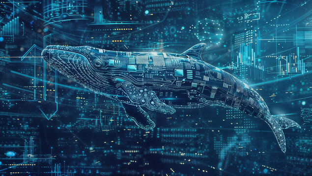 Futuristic blue humpback whale composed of digital circuit patterns and technology elements floating in a cybernetic space with data visualization and financial charts background