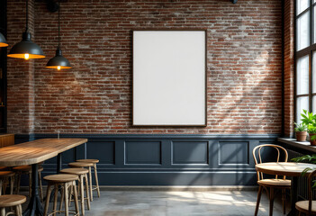 A rustic brick wall with a large white frame, a wooden table, and four stools is illuminated by two hanging pendant lights, with a window and plants adding to the cozy ambiance. A4 frame mockup