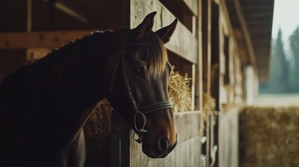 Fototapeta premium Serene Image of Horse Being Groomed in Stable with Wooden Walls, Soft Lighting, and Hay Bales: Ideal for Equestrian and Animal Care Content Highlighting Care and Bond