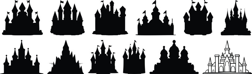 Castle silhouettes set, building pack of vector silhouette design, isolated background