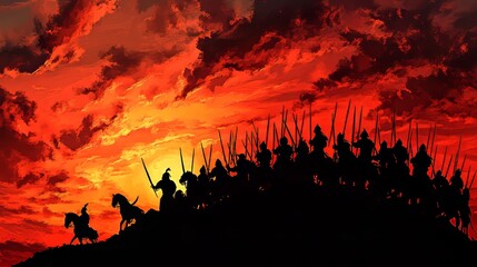 Fototapeta premium Amidst a foggy sunset, warriors fight in a medieval battle, including units of cavalry and infantry.