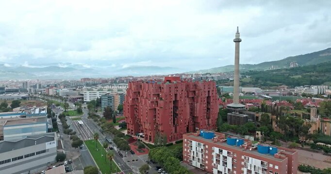 Aerial view of the architecture of Walden seven in Barcelona. Apartment building with beautiful geometry, tourist points of Spain. High quality 4k footage