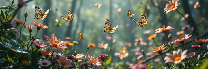Misty fairy forest with iridescent butterflies dancing around rare and exotic flowers, foliage, floral