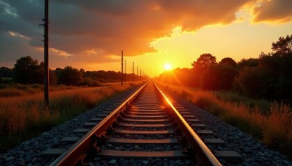 Obraz premium Golden sunset hues cast long shadows across railway tracks, sleepers visible , landscape, way