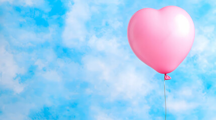 Pink heart balloon floats against a blue sky;  romantic backdrop