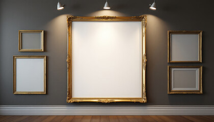 A large white canvas with gold frame is centered on a gray wall, flanked by three smaller white frames with gold frames. A4 Frame Mockup