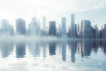 Obraz premium Misty city skyline reflected in calm water creates a serene urban landscape at dawn