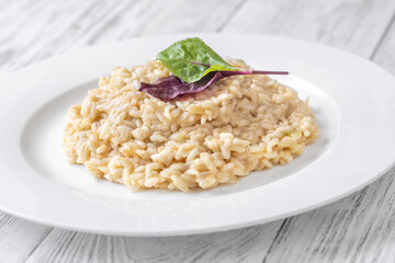 Classic Risotto with Chard Leaves on White Plate