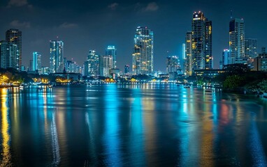 Fototapeta premium Stunning View of a City Skyline at Night with Lights Mirroring in the Water