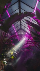 A lush indoor greenhouse with vibrant tropical plants under pink neon lights, creating an enchanting and mystical atmosphere.