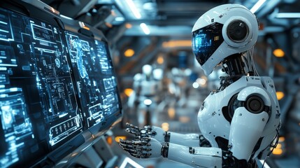 Fototapeta premium Futuristic Robot Interacting with High-Tech Interface in Laboratory